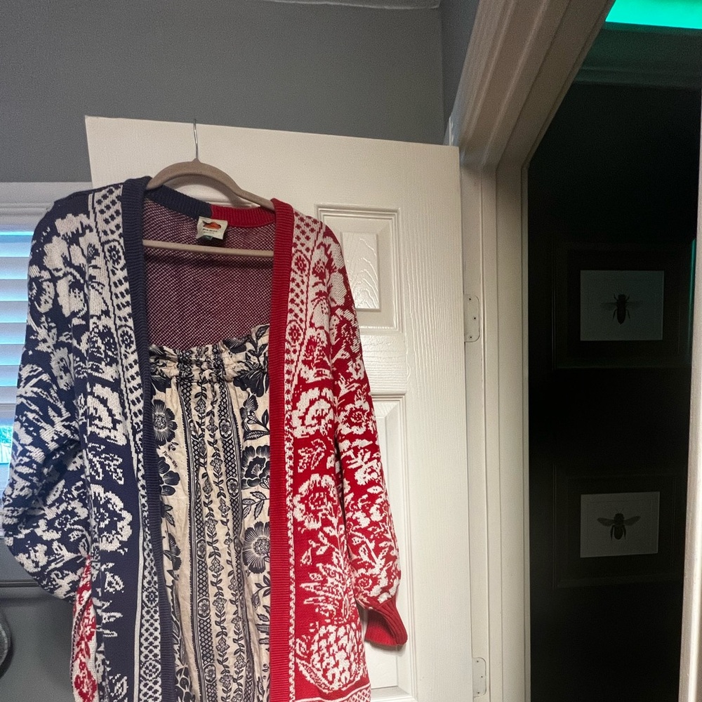 FARM Rio Red and Blue Maxi Dress with matching long cardigan.